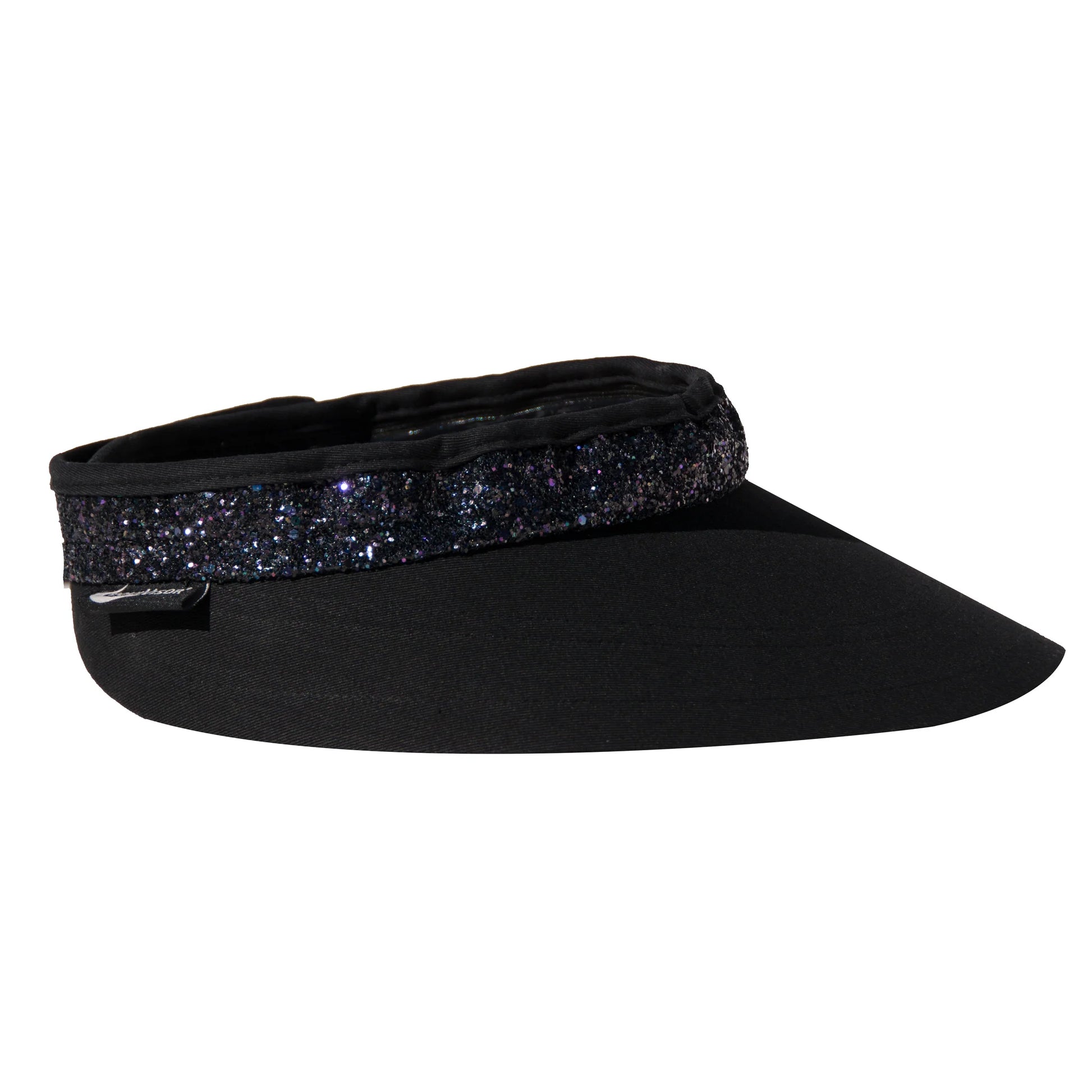 Black visor with a glittery band on a white background