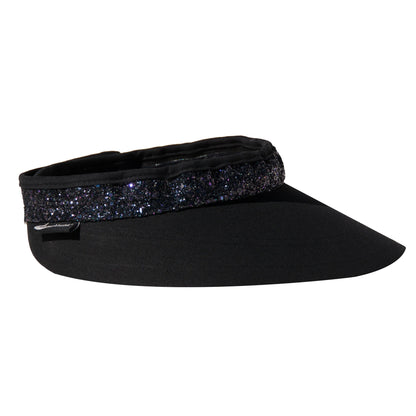 Black visor with a glittery band on a white background