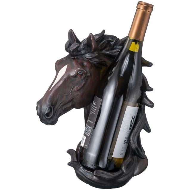 Dark horse head (bay horse with white stripe) that is a wine holder