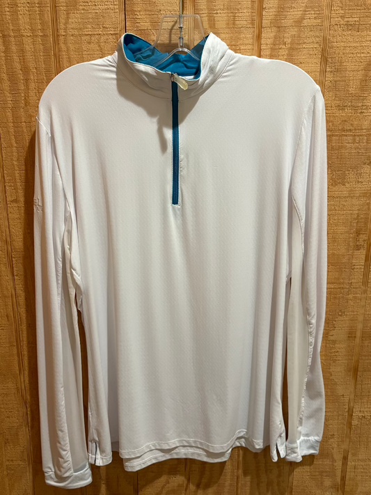 White long sleeve riding shirt with aqua zipper and inside collar