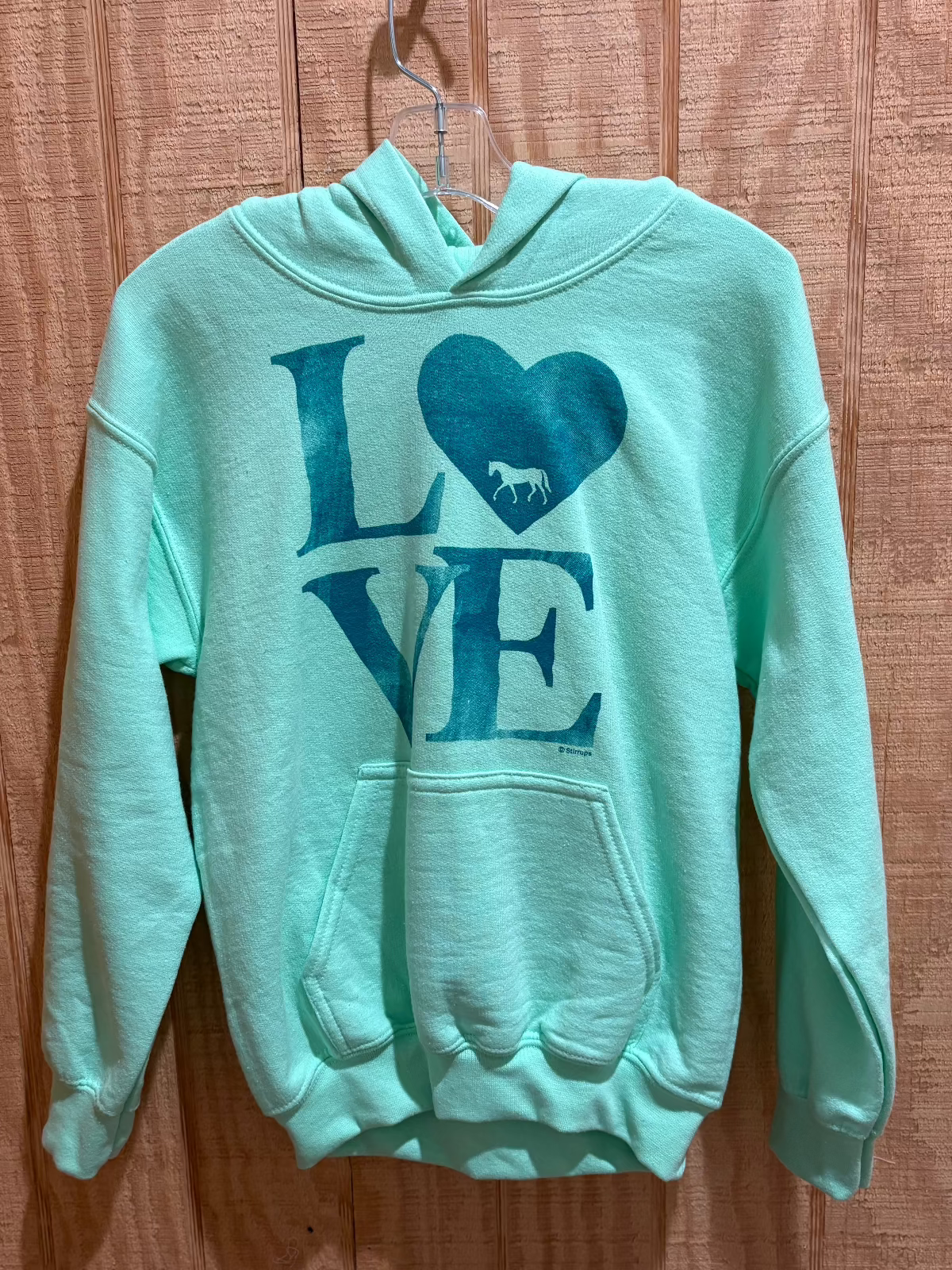 Green hoodie sweatshirt with LOVE, heart and horse graphic