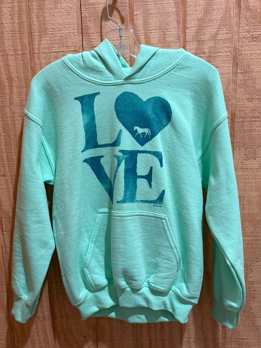 Green hoodie sweatshirt with LOVE, heart and horse graphic
