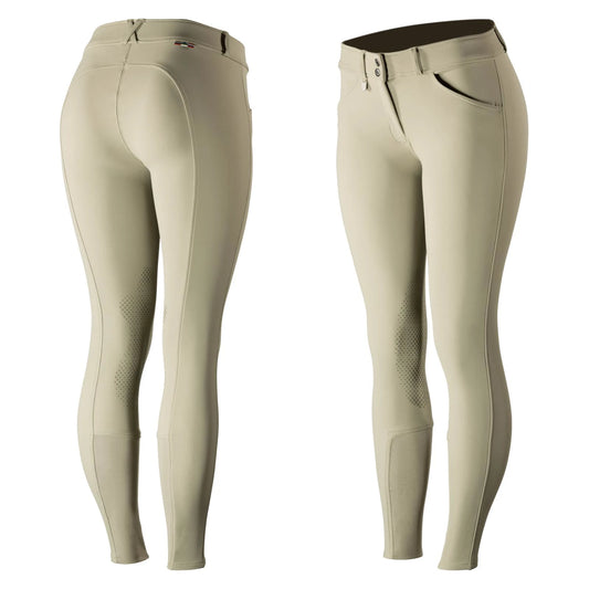 Front and back view of tan riding breeches on a white background.