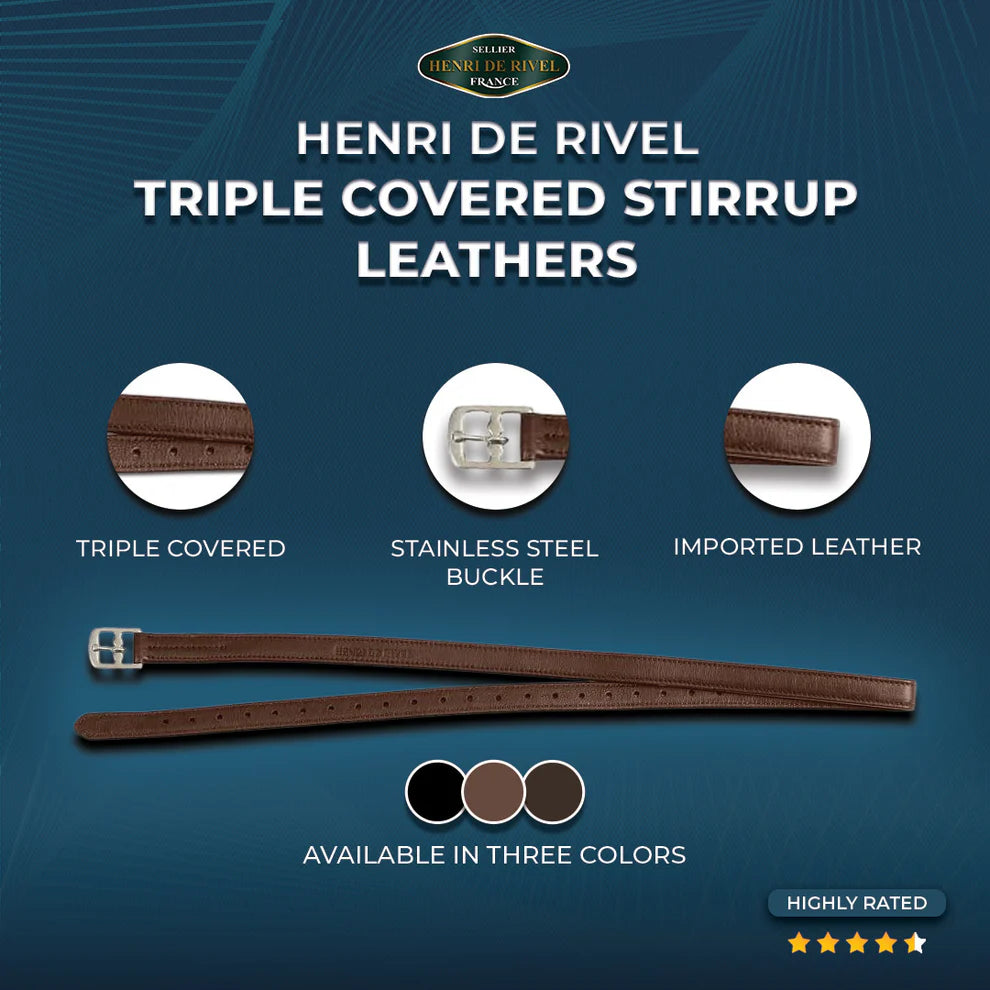 Henri de Rivel triple covered stirrup leathers with product features on a blue background
