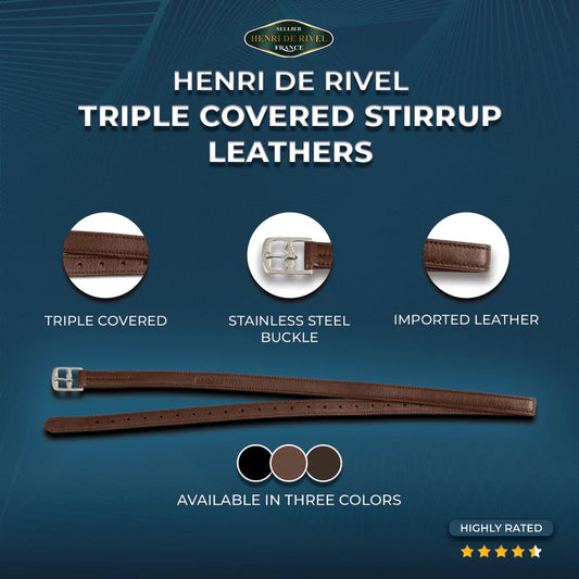 Henri de Rivel triple covered stirrup leathers with product features on a blue background