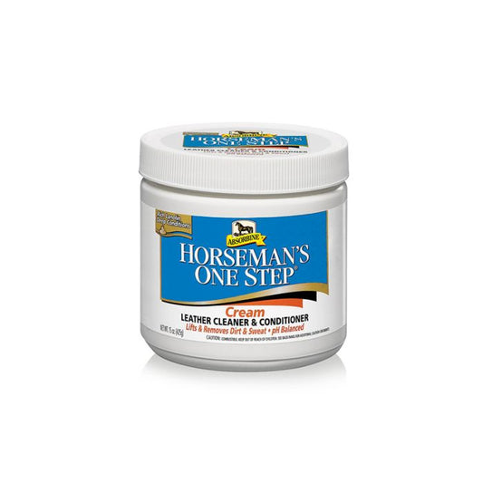 container of horseman's one step cream leather cleaner & conditioner.  white container with blue and white label