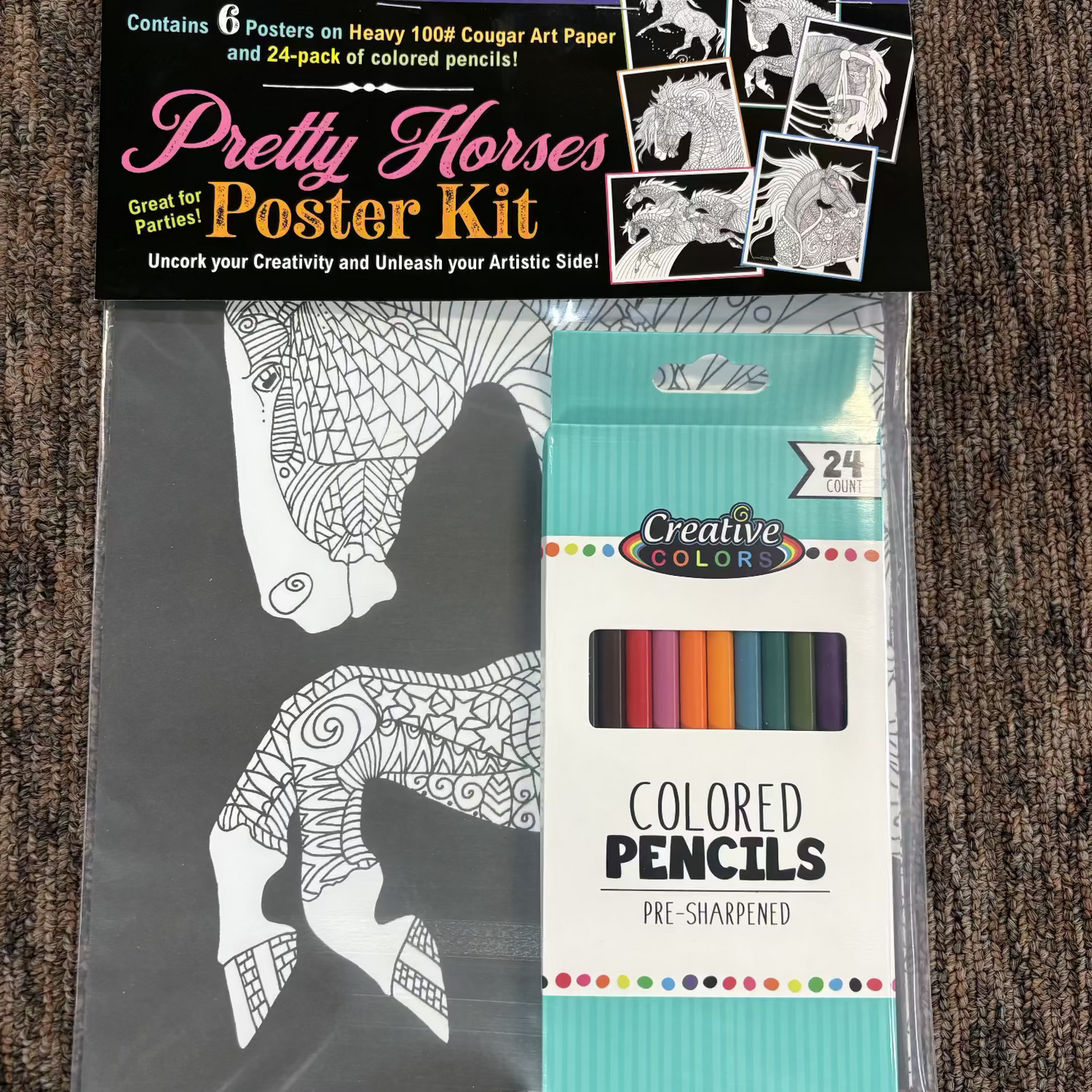 Pretty Horses Poster Kit showing 6 styles to color with the 24 colored pencils included in the package.