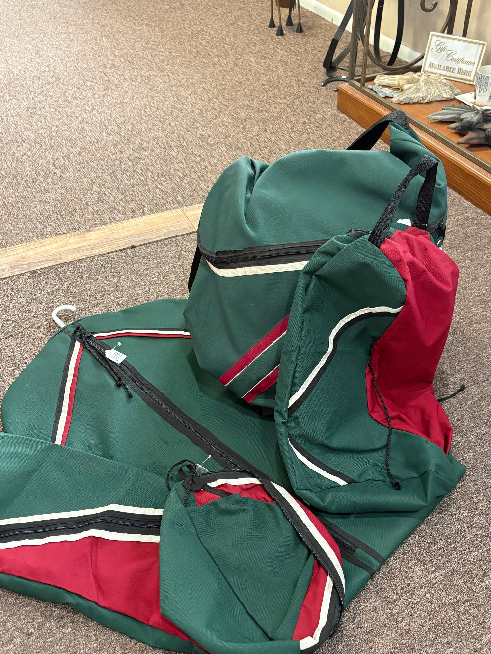 Matching green and red bags with black and white accents.
