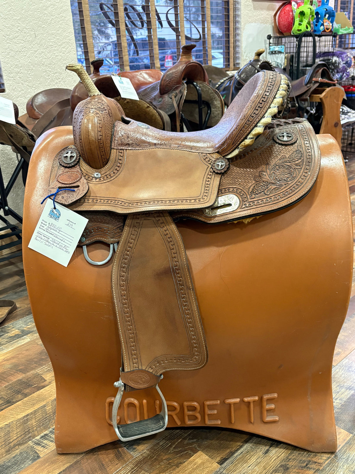 Brown tooled leather western saddle
