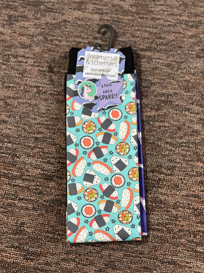 Horse riding socks with sushi pattern.