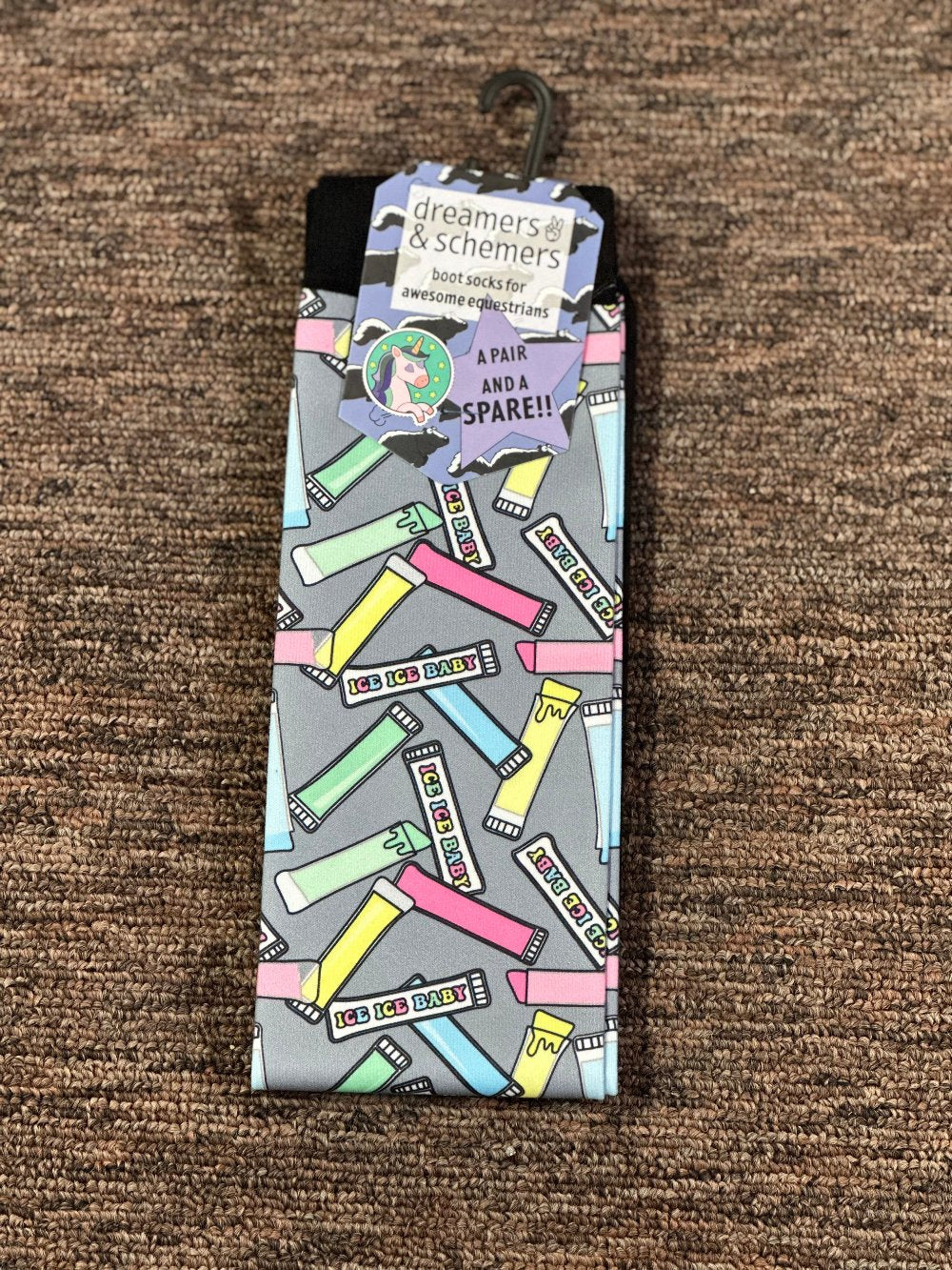 Horse riding socks with popsicle pattern “ice ice baby” printed.