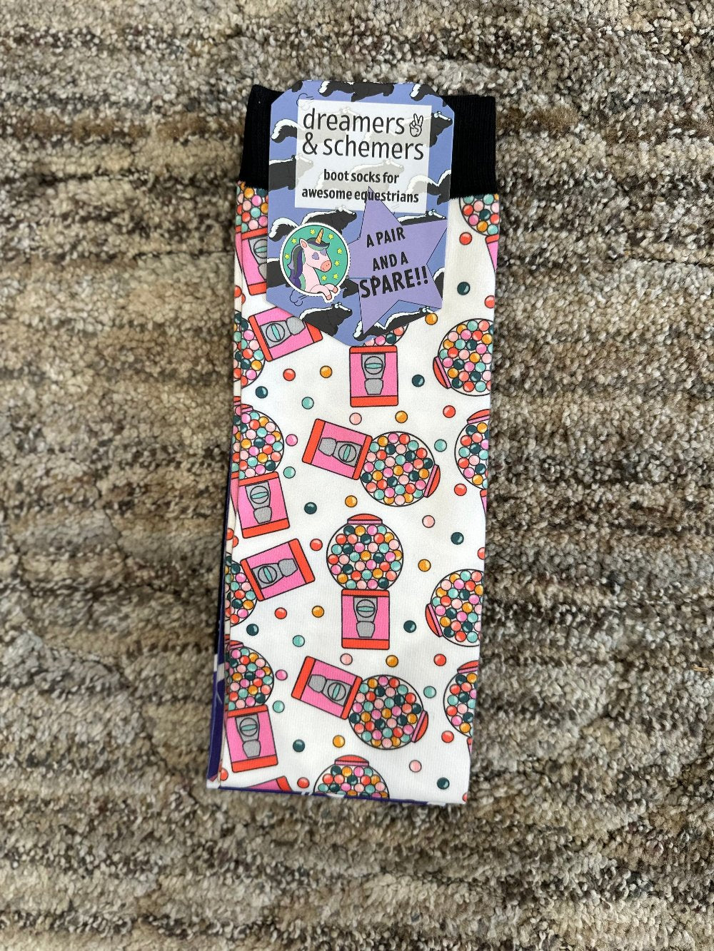 White riding socks with patterned gum ball machine design