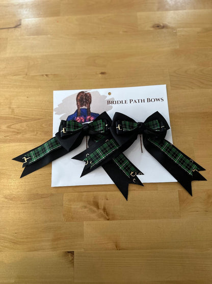 Image of children’s horse riding show bows, black and green plaid