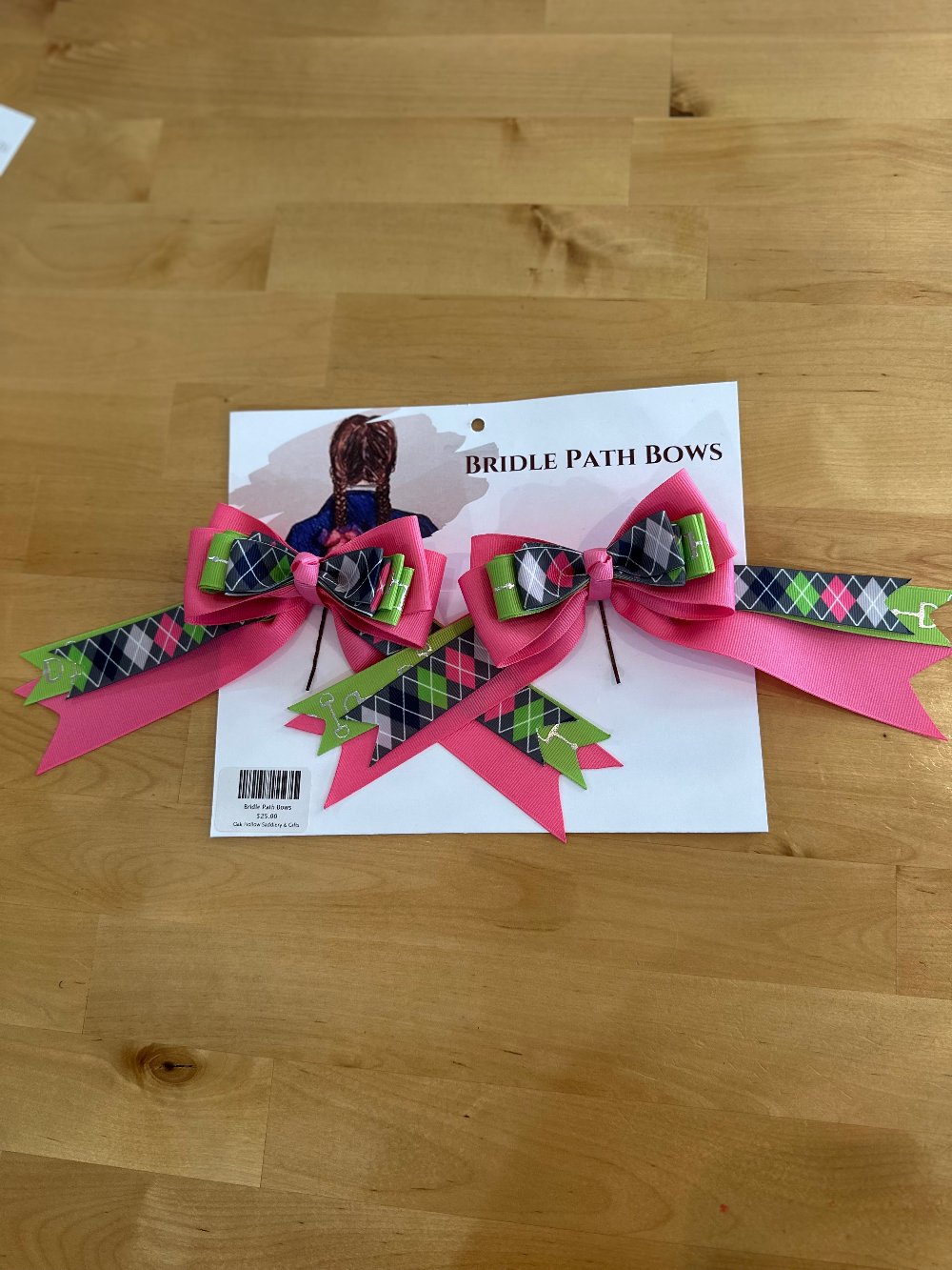 Horse riding children’s show bows, pink green argyle pattern