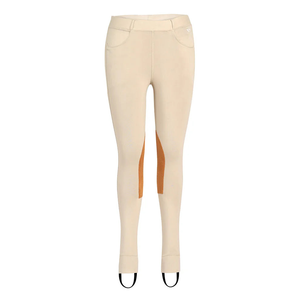 Beige riding jods with a contrasting knee patch on a white background