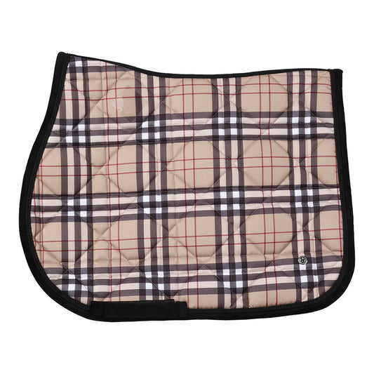 Plaid patterned saddle pad with black border on a white background
