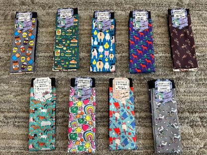 two rows of various patterned socks 