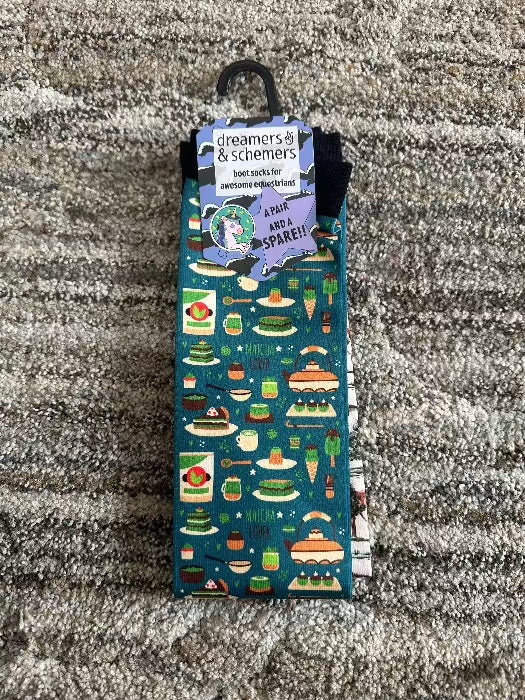 pair of socks green background with various matcha items 