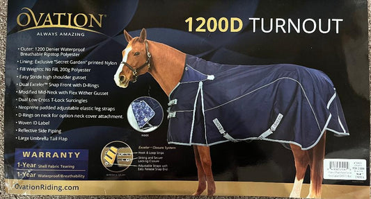 Photo of a horse wearing a navy sheet with shoulder gussets.  Print info is to the left of the image