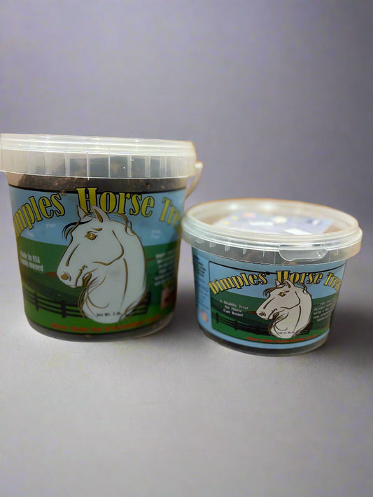 A large and small tub of Dimples Horse Treats