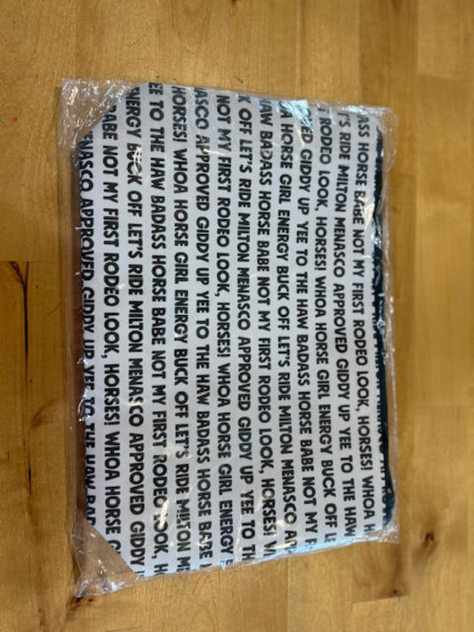 Black and White cosmetic pouch with a print of horse related words