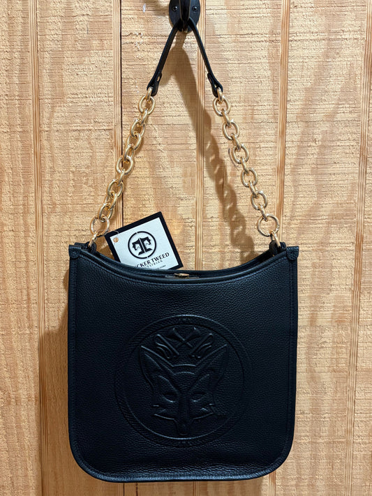 Black leather handbag with chunky gold chain  and embossed fox on front