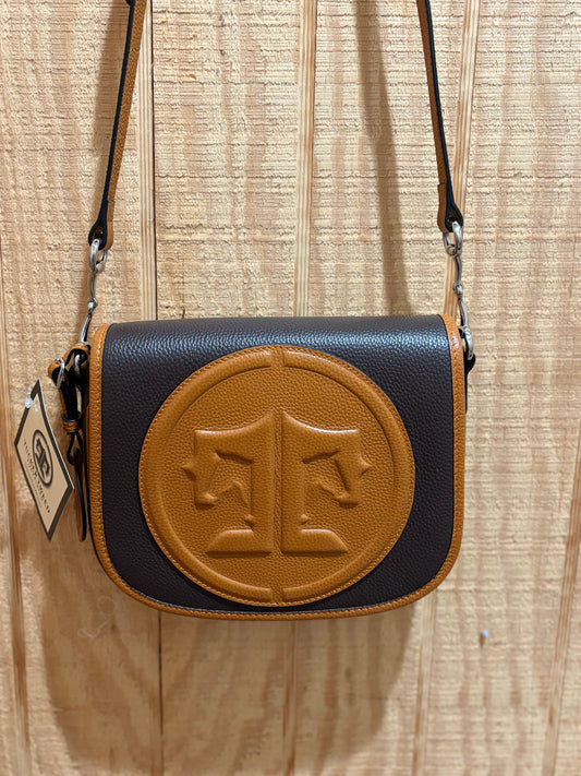 Tucker Tweed signature cross body purse in dark brown leather with chestnut strap and accents