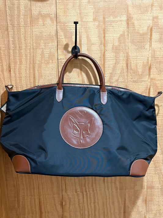 Black nylon large tote bag with chestnut leather accents and a fox embossed on front