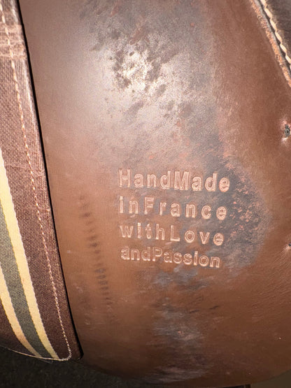Inside saddle flap stamp.  Showing: Hand Made in France with Love and Passion