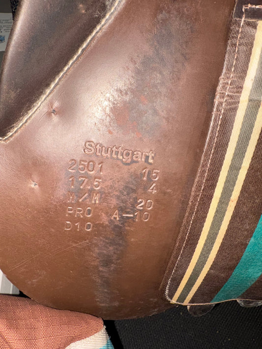 Inside saddle flap stamp.  Showing:  Stuttgart  2501  15  17.5  4  M/M  20  PRO  A-10  D10