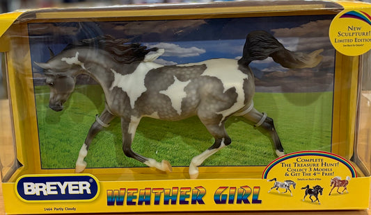 Breyer grey patterned Tobiano Weather Girl model horse in packaging with a scenic background