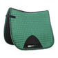 kelly green equestrian saddle pad with kelly green and dark green piping, black girth cut out with black saddle strap