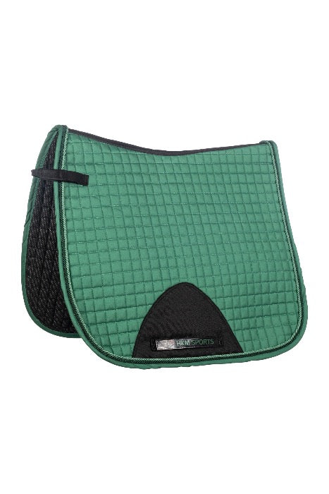 kelly green equestrian saddle pad with kelly green and dark green piping, black girth cut out with black saddle strap