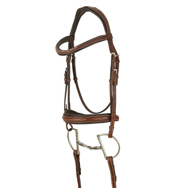 leather bridle and dee ring snaffle bit.  Bridle has some fancy stitching on brow band and nose band