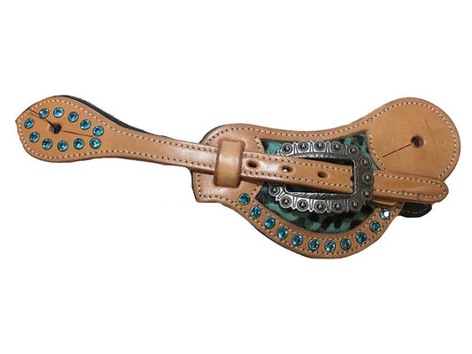 light leather western spur strap with turquoise colored gems and large-ish fancy grey buckle