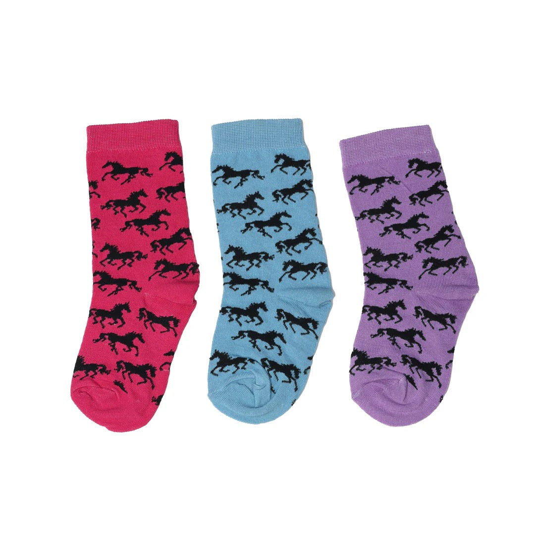 3 crew style socks with black galloping horses - pink, blue, purple