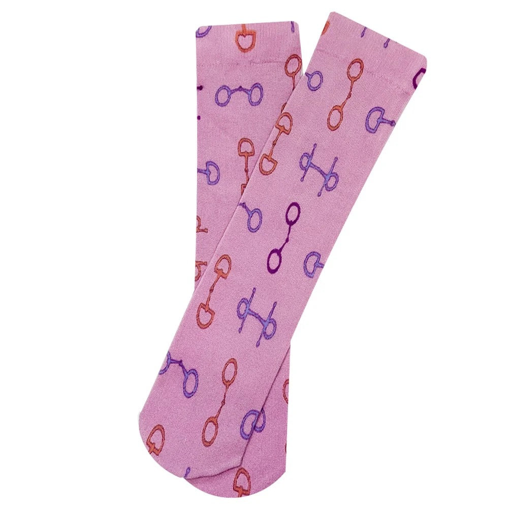 pair of purple/pink socks with a colored equestrian bits pattern