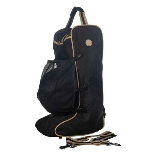 Black bag with tan trim designed to hold a pair of tall horse riding boots with a mesh compartment to hold a riding helmet