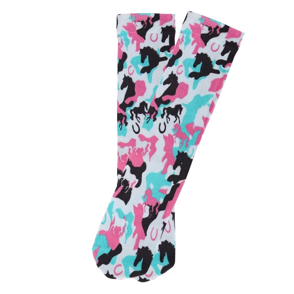 purple and turquoise camo print socks with horses and horseshoes