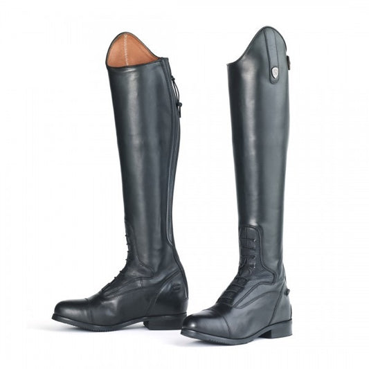 a pair of equestrian tall black field boots on a white background