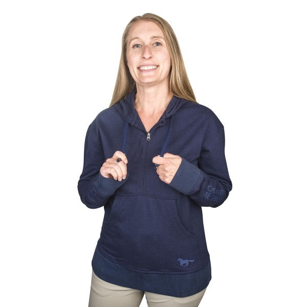 woman modeling a navy hoodie with kangaroo pouch and quarter zip