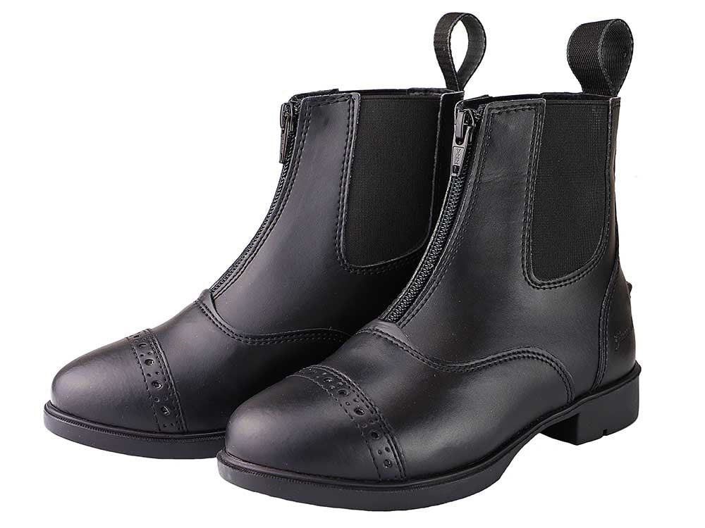 pair of black front zip equestrian paddock boots with tooling at toe and pull tabs in back