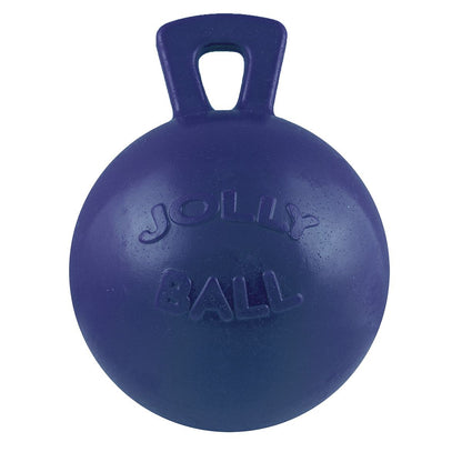 blue rubber ball with attached handle intended for horse play