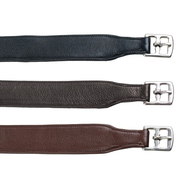 the buckle end of 3 stirrup leathers showing a wider than usual leather.  shown in black, dark brown and medium brown