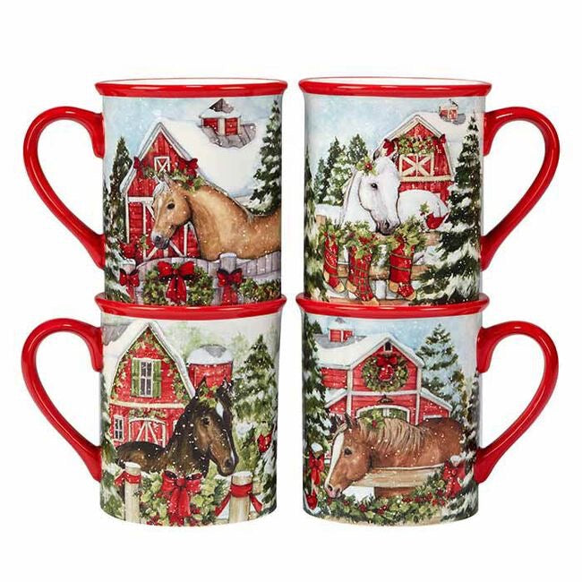 four horsey Christmas mugs stacked 2 by 2