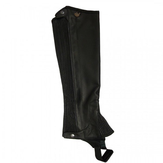 black leather equestrian riding half chap with stretch ribbed panel 