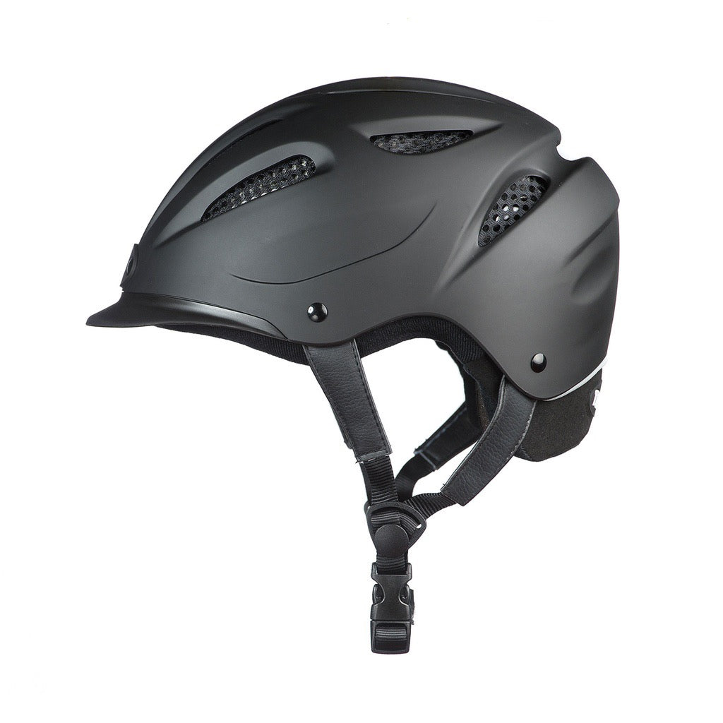 Black equestrian riding helmet with vents