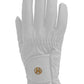 White synthetic leather fitted glove.  Velcro enclosure at wrist with a gold K logo
