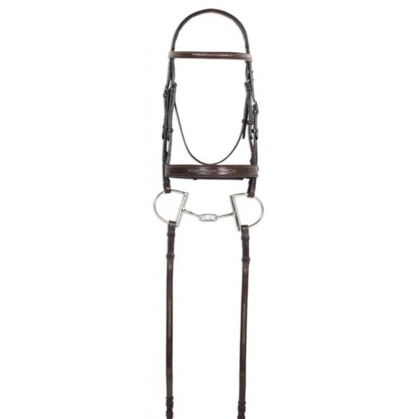 Brown leather english style equestrian bridle shown with a dee bit and reins