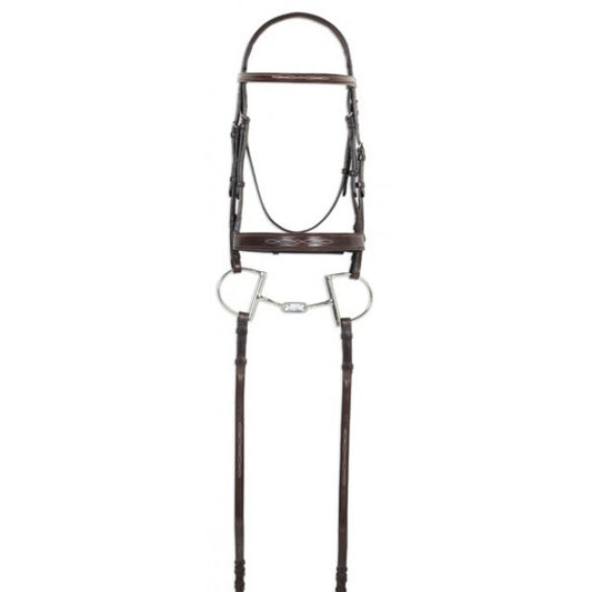 Brown leather english style equestrian bridle shown with a dee bit and reins